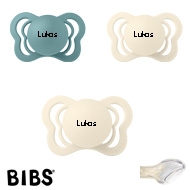 BIBS Couture Sutter med navn str1, 2 Ivory, 1 Island Sea, Anatomisk Silikone, Pakke med 3 sutter